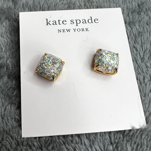 Kate Spade Opal Glitter Square Stud Earrings Gold Plated with Pouch NWT - Picture 3 of 8